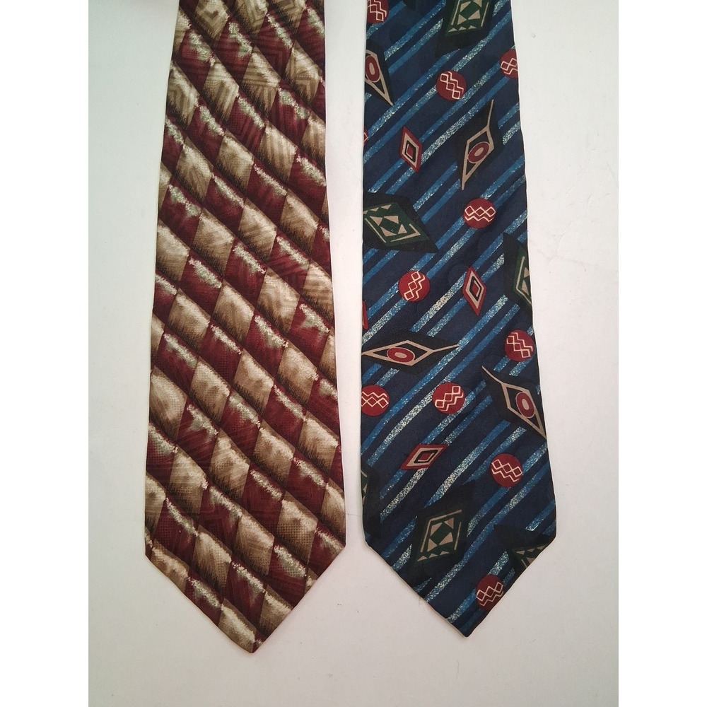 Lot of 2 Bugatti Men's Silk Neckties Blue MCM Atomic & Burgundy Taupe Abstract